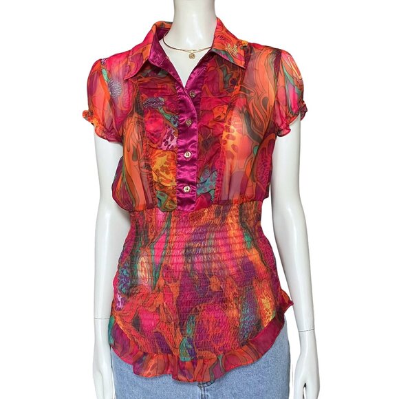 Apple Bottoms Tops - Vintage Y2K Apple Bottom Colorful Psychedelic Sheer Blouse Top Trashy2K M/L Pink